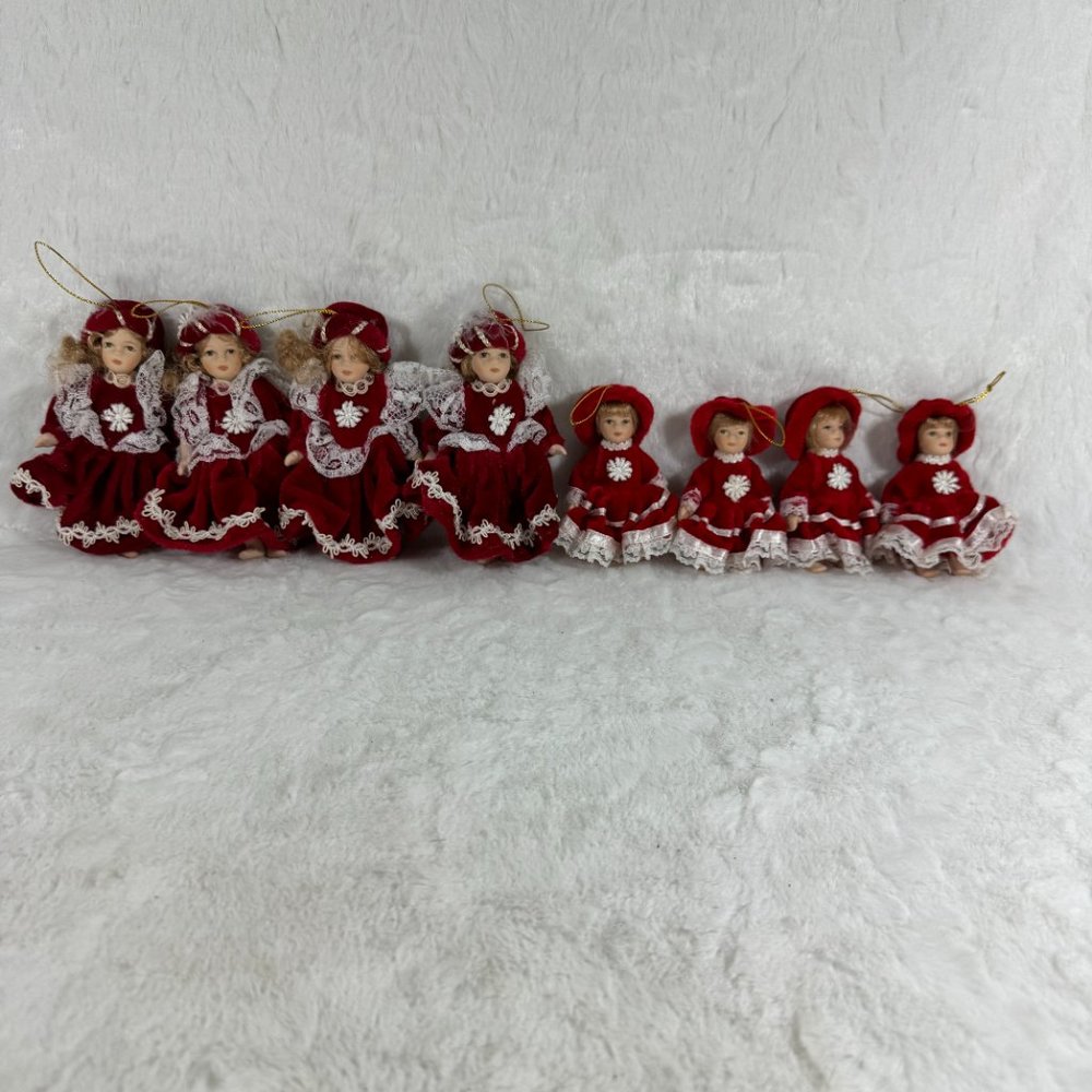 Set Of 8 Vintage Dillards Trimmings Victorian Porcelain Doll Ornaments Red